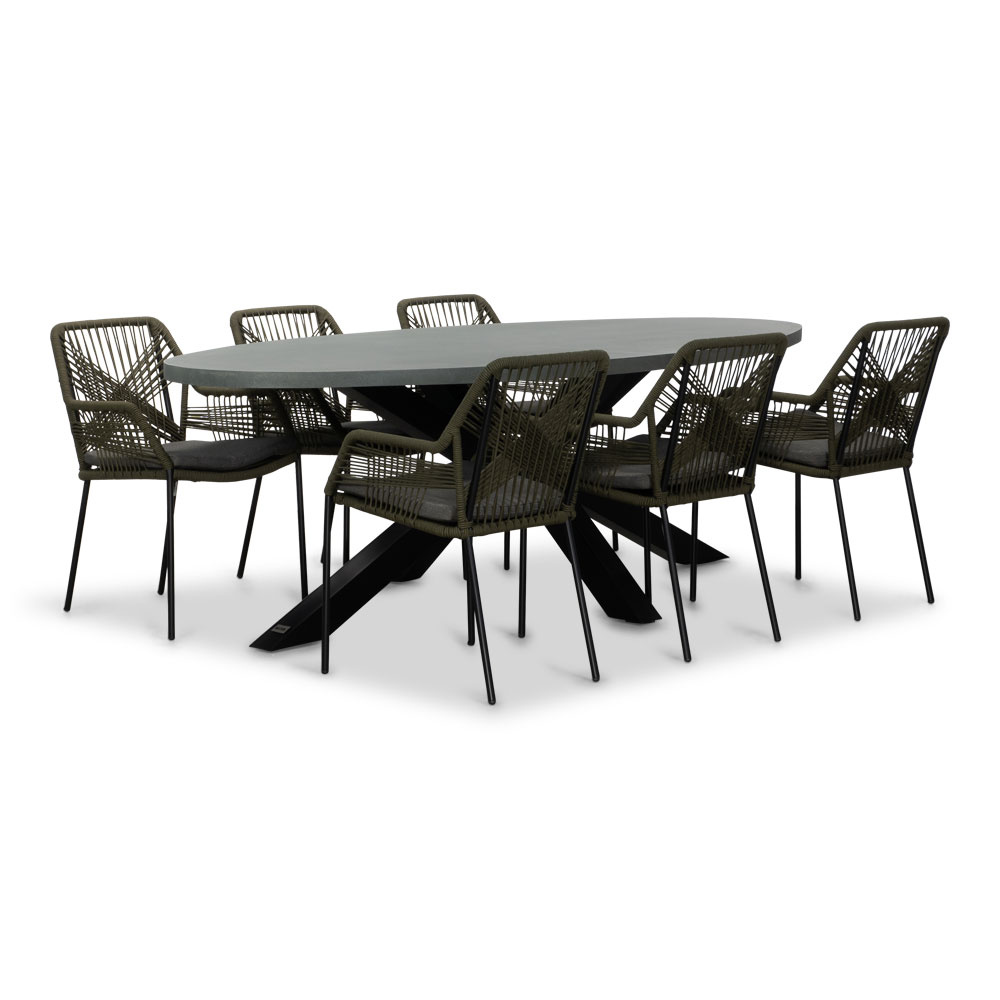 Stockholm/Seville olijfgroen dining tuinset | 6 personen | betonlook + touw | 240cm ovaal afbeelding