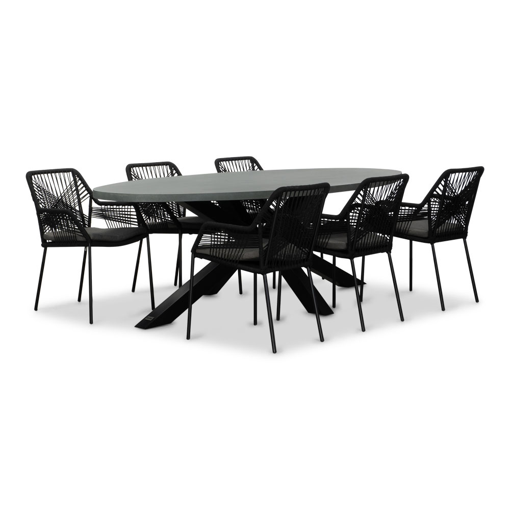 Stockholm/Seville zwart dining tuinset | 6 personen | betonlook + touw | 240cm ovaal