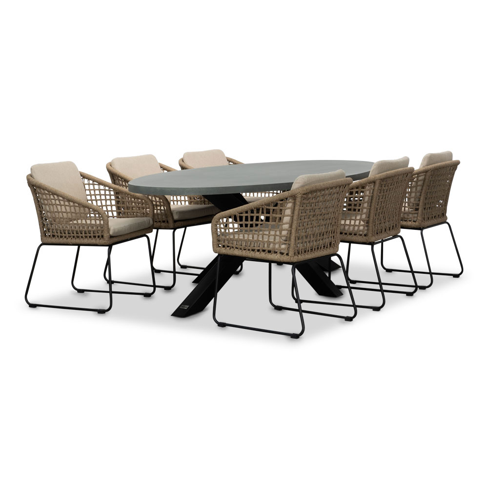 Stockholm/Tulum Sahara Dust dining tuinset | 6 personen | betonlook + touw | 240cm ovaal