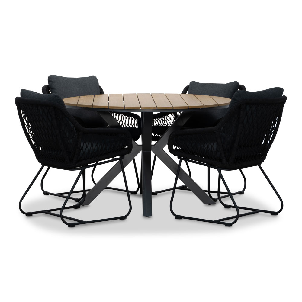 Cervo/Portofino zwart dining tuinset | 4 personen | polywood + touw | 120cm