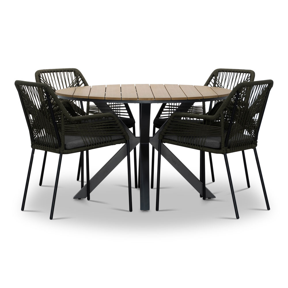 Cervo Natural/Seville olijfgroen dining tuinset | 4 personen | polywood + touw | 120cm rond