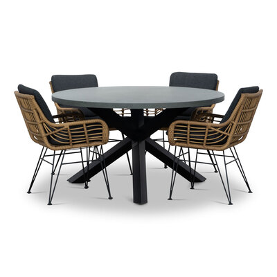 Meran/Carlos Antraciet dining tuinset | 4 personen | betonlook + wicker | 135cm rond