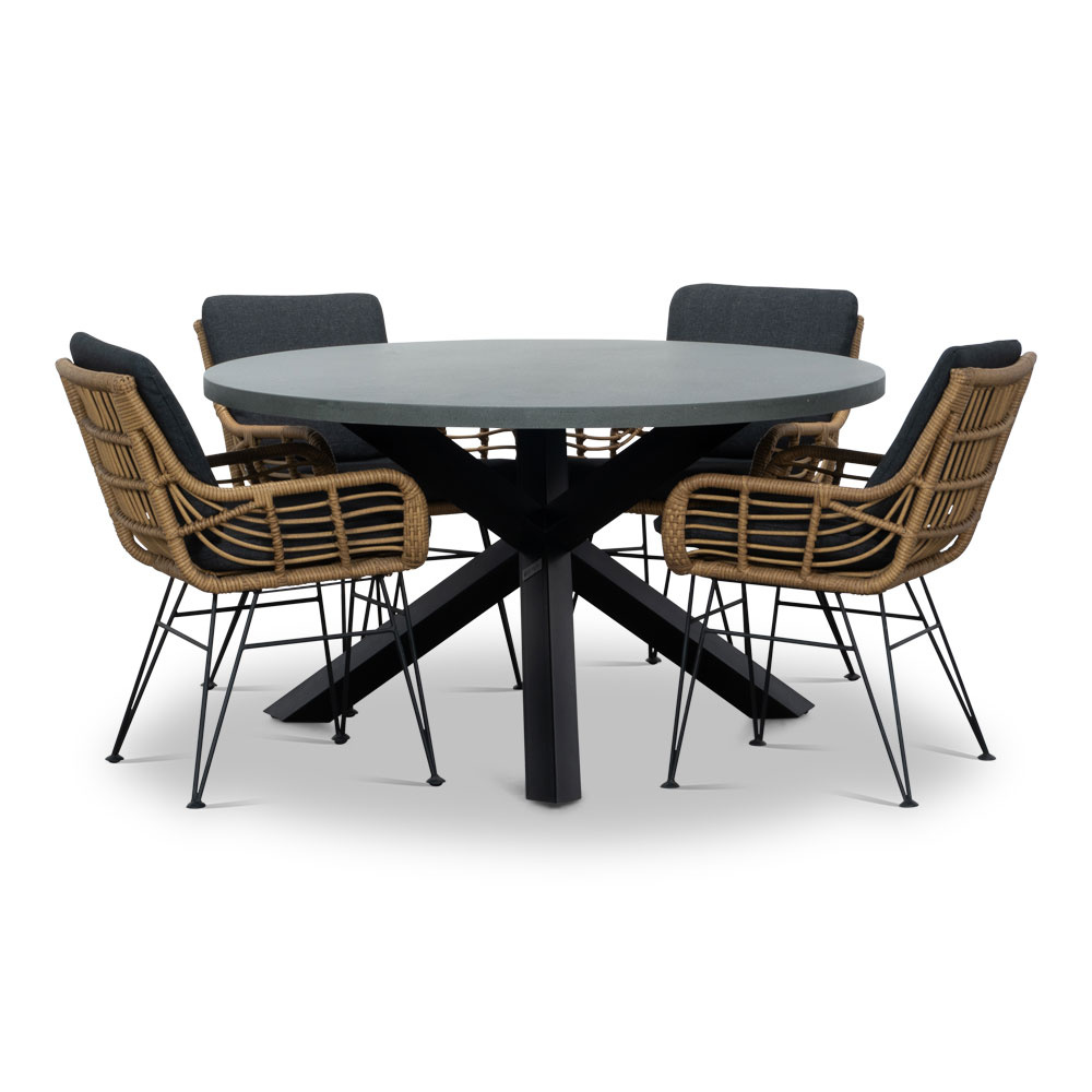 Meran/Carlos Antraciet dining tuinset | 4 personen | betonlook + wicker | 135cm rond