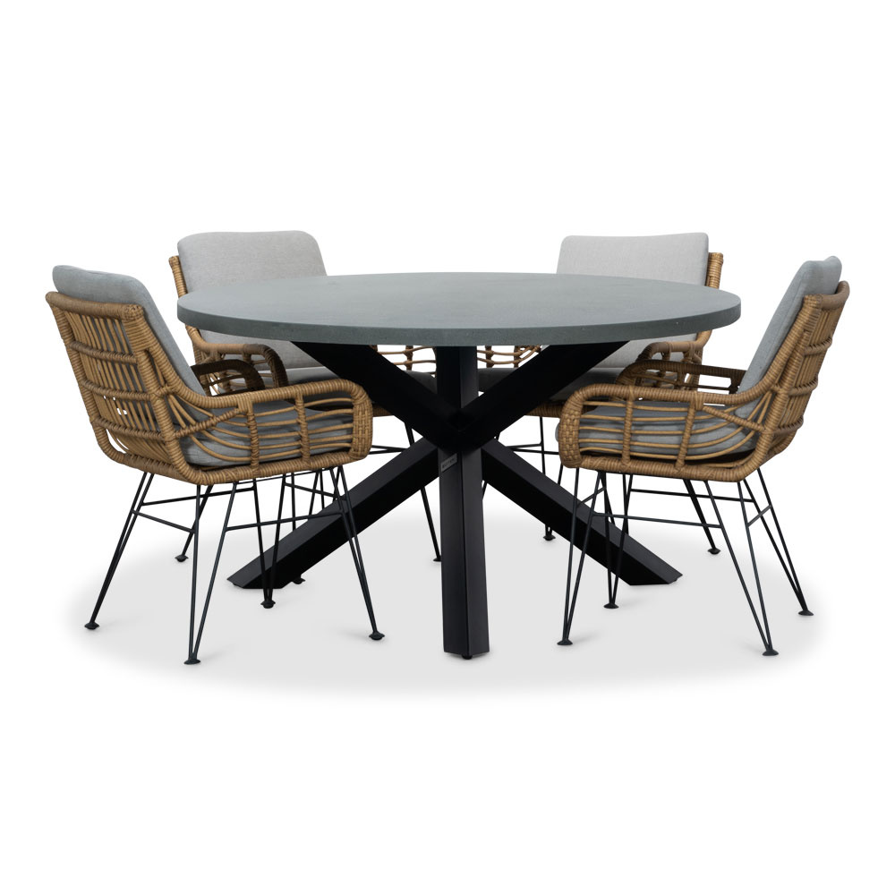 Meran/Carlos taupe dining tuinset | 4 personen | betonlook + wicker | 135cm rond afbeelding