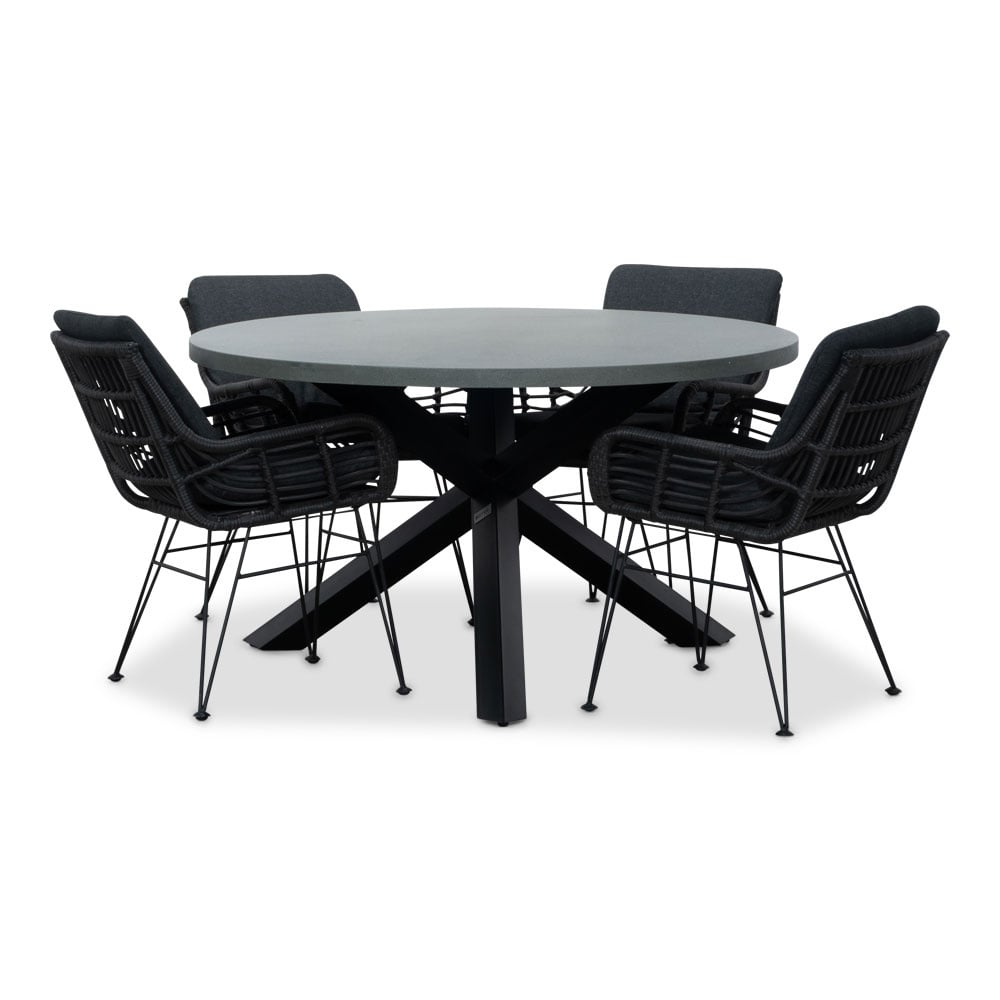 Meran/Carlos Charcoal dining tuinset | 4 personen | betonlook + wicker | 135cm rond