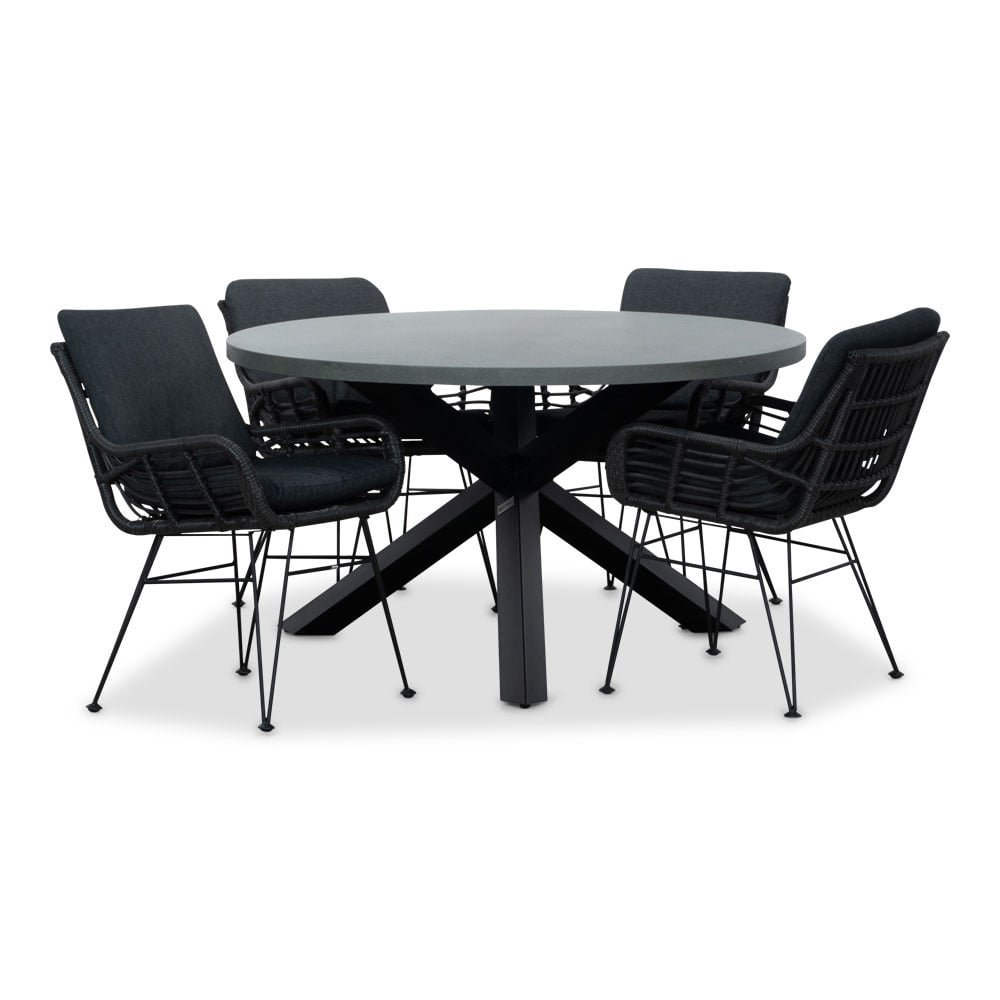 Meran/Carlos Charcoal dining tuinset | 4 personen | betonlook + wicker | 135cm rond
