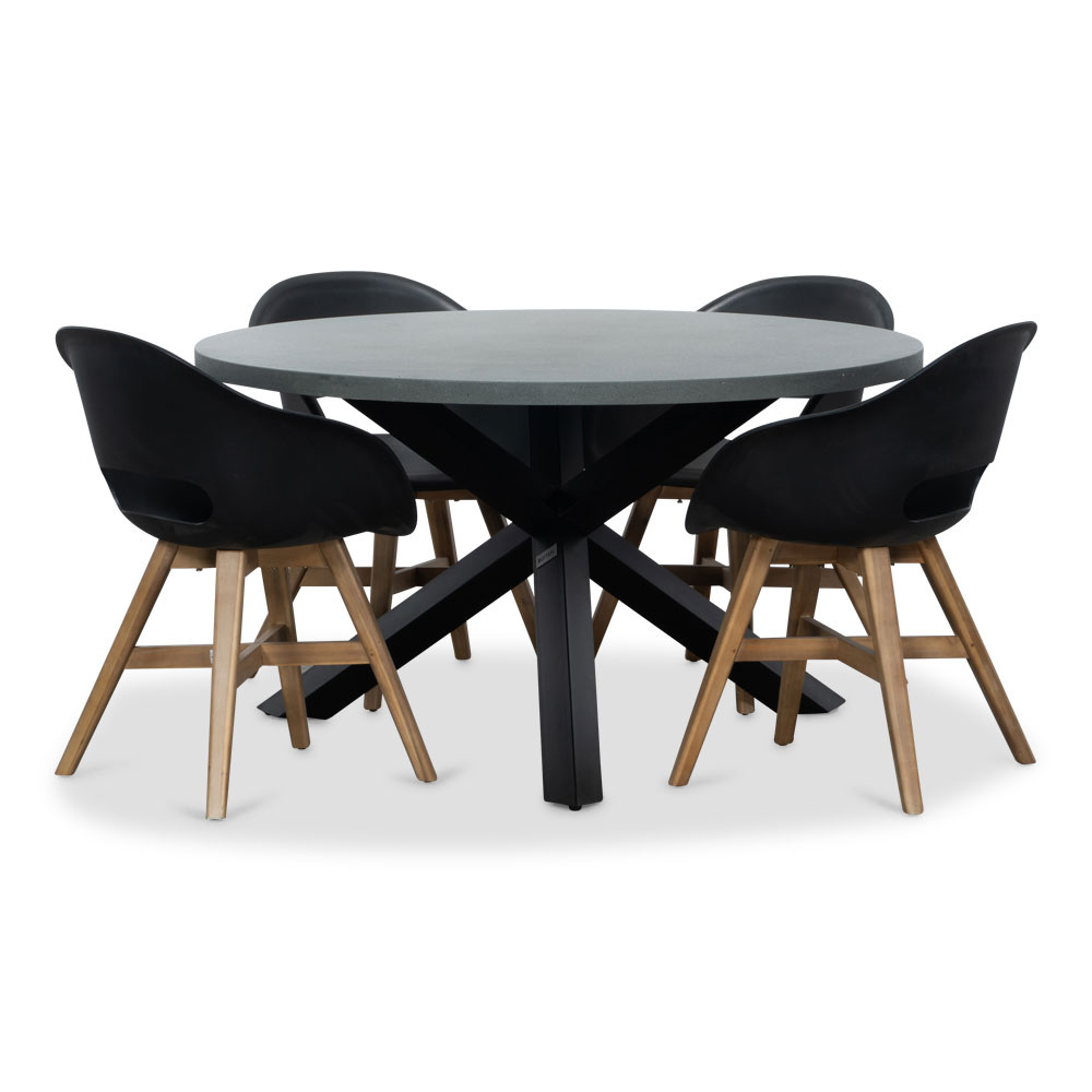 Meran/Karlstad zwart dining tuinset | 4 personen | betonlook + kunststof | 135cm rond