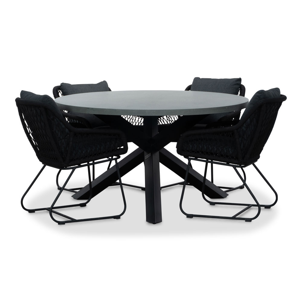 Meran/Portofino zwart dining tuinset | 4 personen | betonlook + touw | 135cm rond