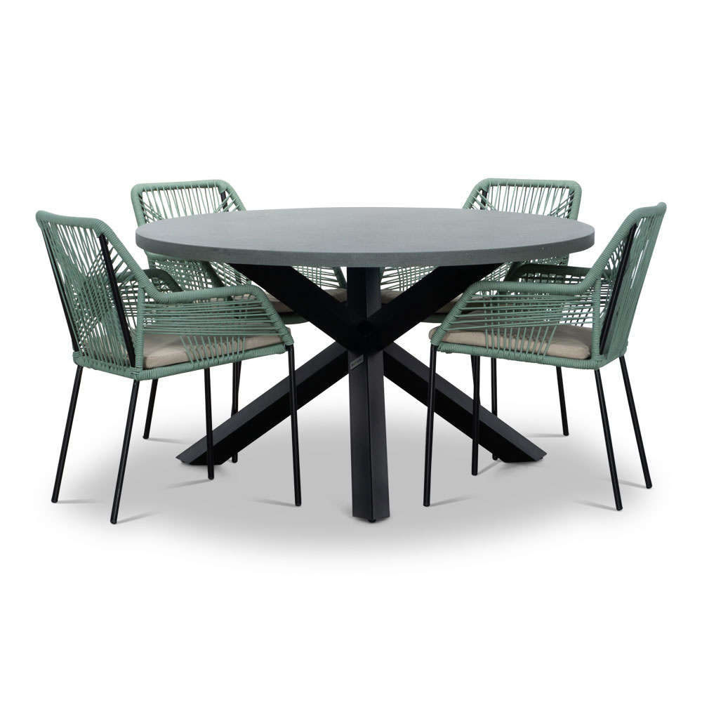 Meran/Seville mint dining tuinset | 4 personen | betonlook + touw | 135cm rond