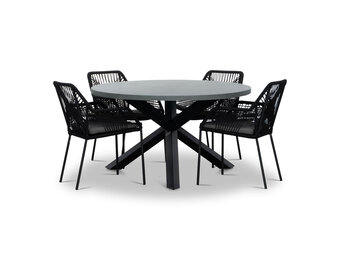 Meran/Seville zwart dining tuinset | 4 personen | betonlook + touw | 135cm rond