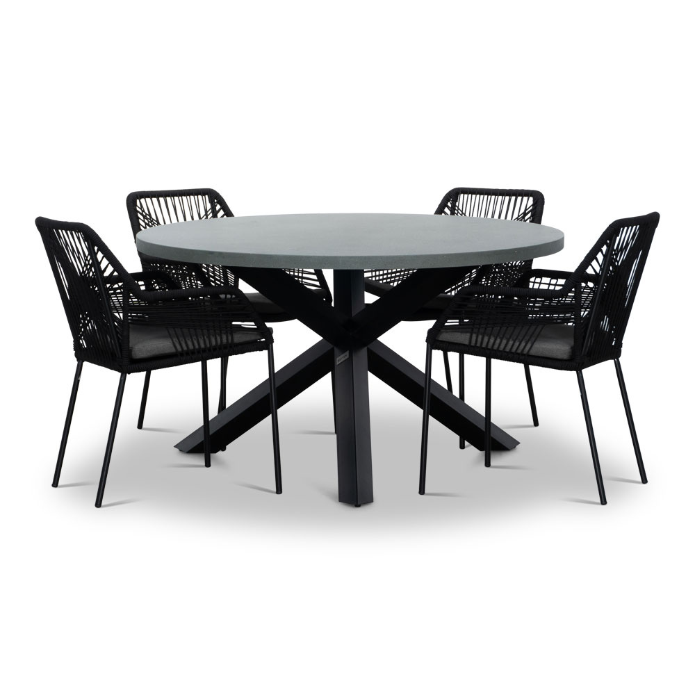 Meran/Seville zwart dining tuinset | 4 personen | betonlook + touw | 135cm rond afbeelding