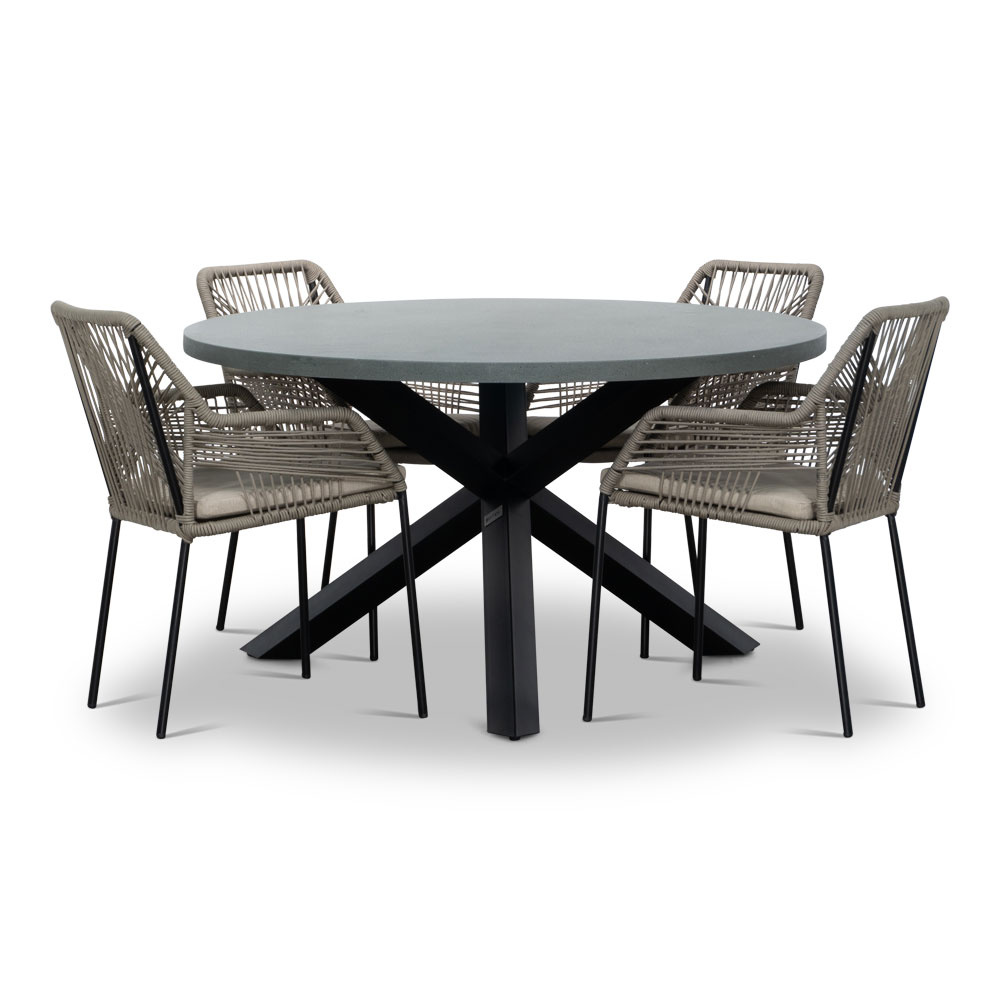 Meran/Seville zand dining tuinset | 4 personen | betonlook + touw | 135cm rond