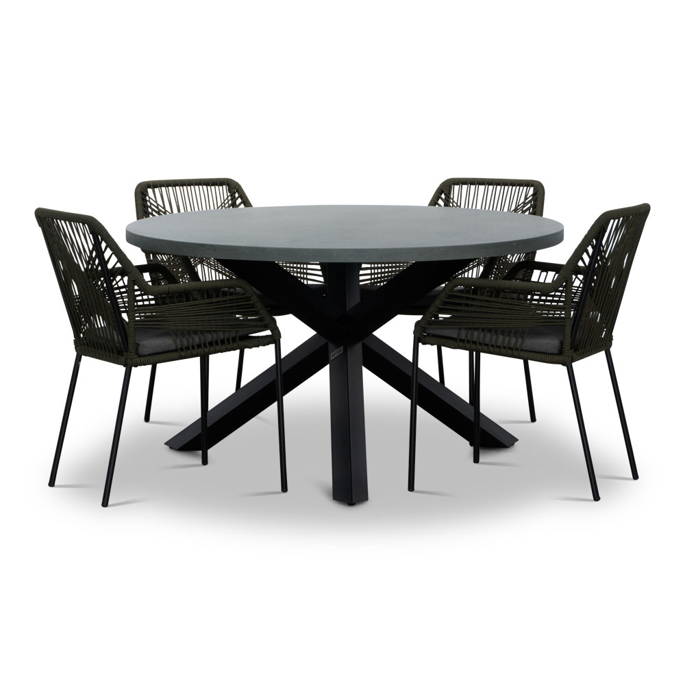 Meran/Seville olijfgroen dining tuinset | 4 personen | betonlook + touw | 135cm rond