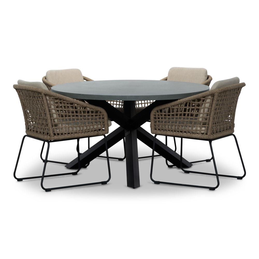 Meran/Tulum Sahara Dust dining tuinset | 4 personen | betonlook + touw | 135cm rond afbeelding