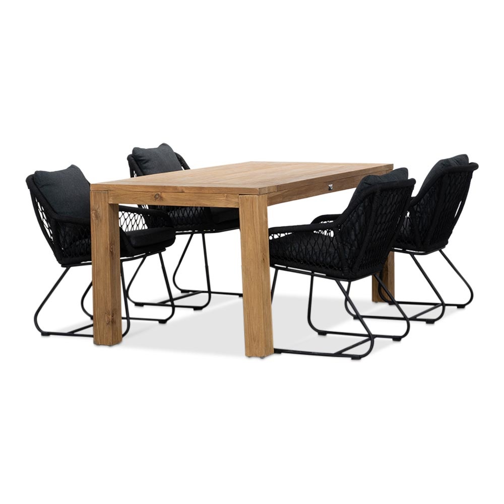 Victoria/Portofino zwart dining tuinset | 4 personen | teakhout + touw | 180cm