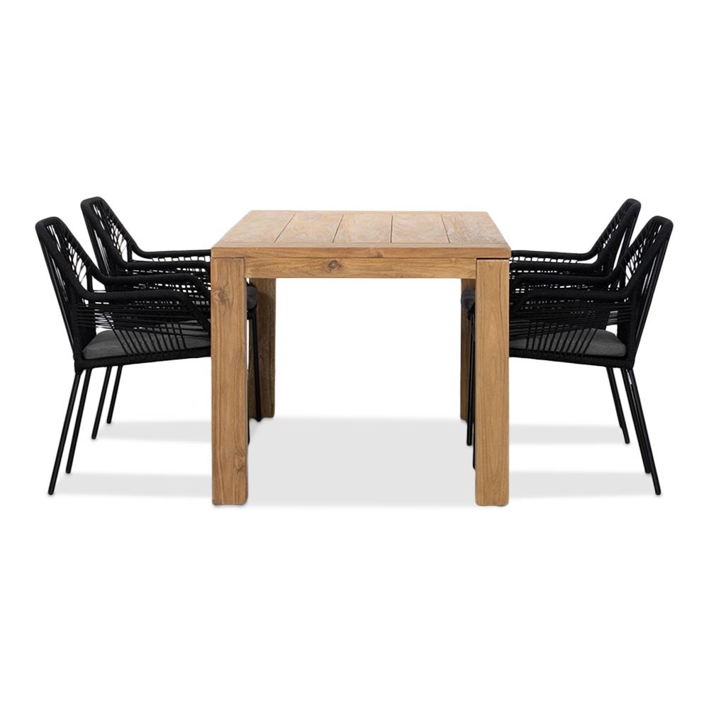 Victoria/Seville zwart dining tuinset | 4 personen | teakhout + touw | 180cm