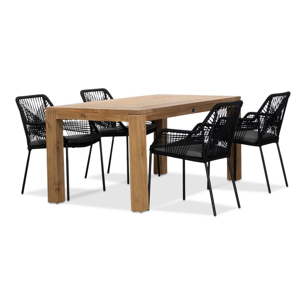 Victoria/Seville zwart dining tuinset | 4 personen | teakhout + touw | 180cm
