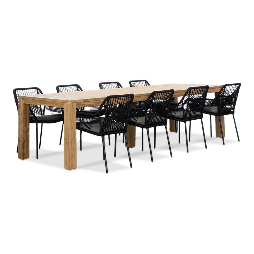Victoria/Seville zwart dining tuinset | 8 personen | teakhout + touw | 300cm