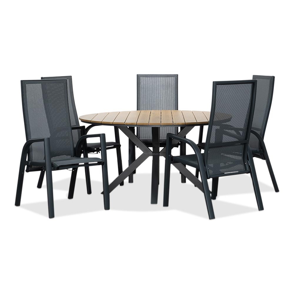 Cervo Natural/Mojito Negro dining tuinset | 5 personen | polywood + textileen | 144cm rond