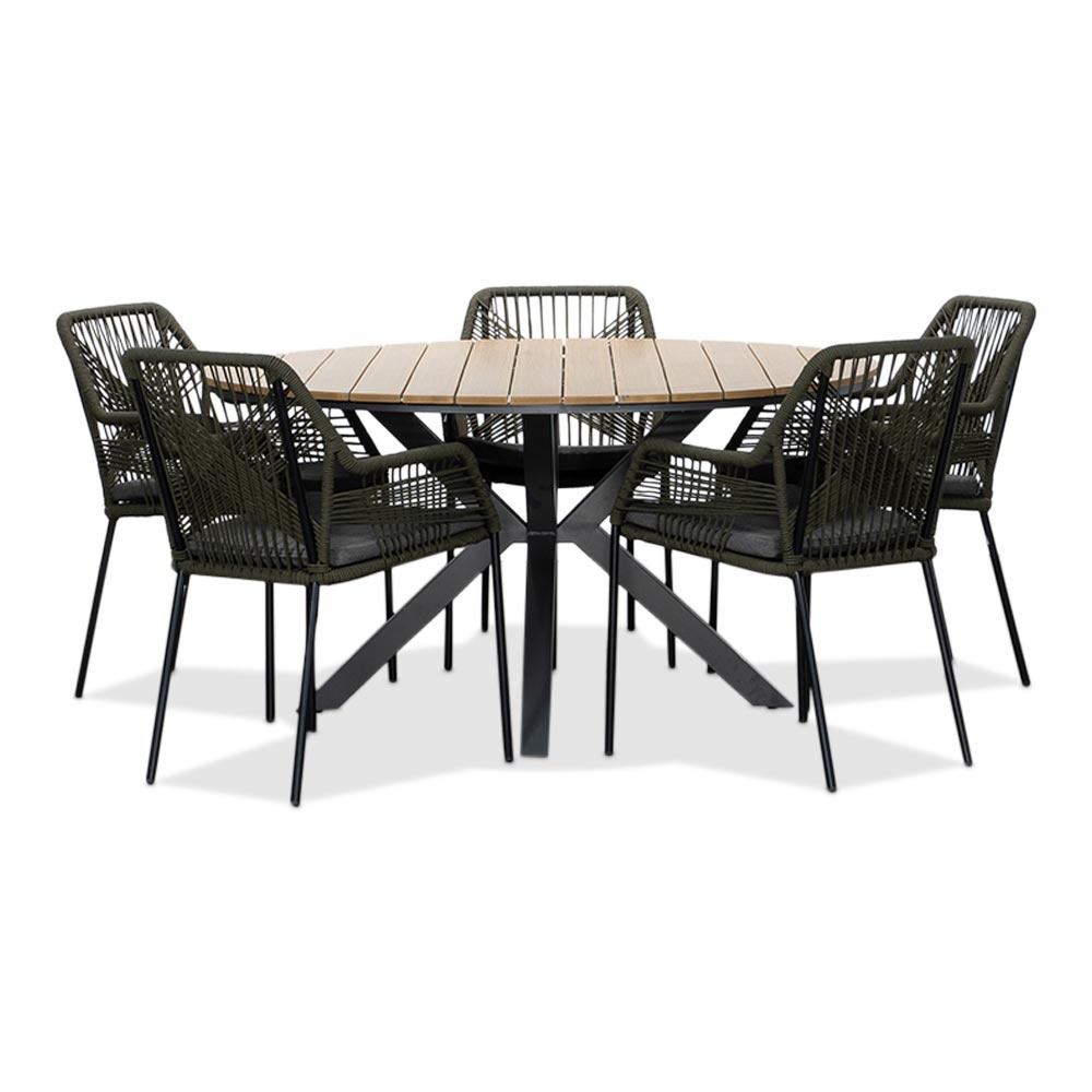 Cervo Natural/Seville olijfgroen dining tuinset | 5 personen | polywood + touw | 144cm rond