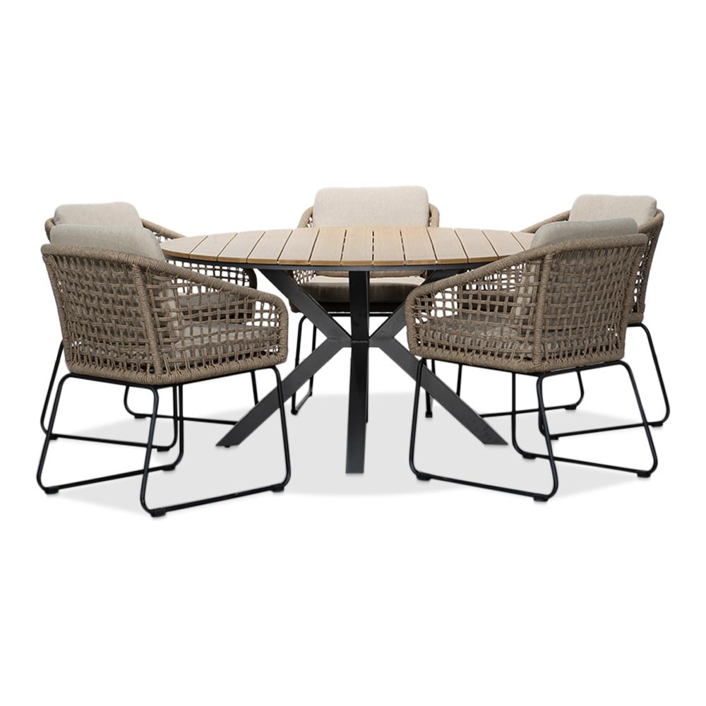 Cervo Natural/Tulum Sahara Dust dining tuinset | 5 personen | polywood + touw | 144cm rond