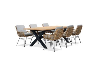 Lucan/Carlos taupe dining tuinset | 6 personen | teakhout + wicker | 240cm