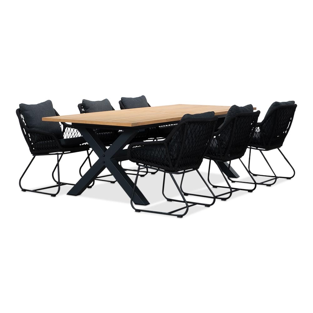 Lucan/Portofino zwart dining tuinset | 6 personen | teakhout + touw | 240cm afbeelding