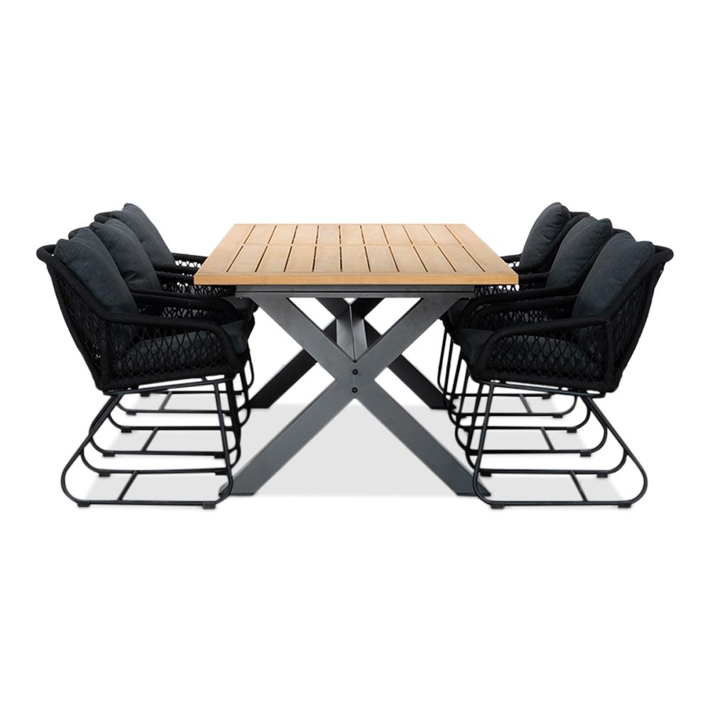 Lucan/Portofino zwart dining tuinset | 6 personen | teakhout + touw | 240cm
