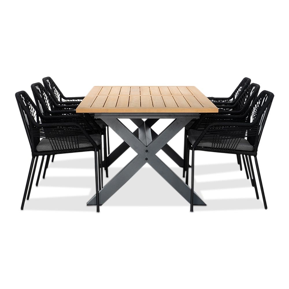 Lucan/Seville zwart dining tuinset | 6 personen | teakhout + touw | 240cm