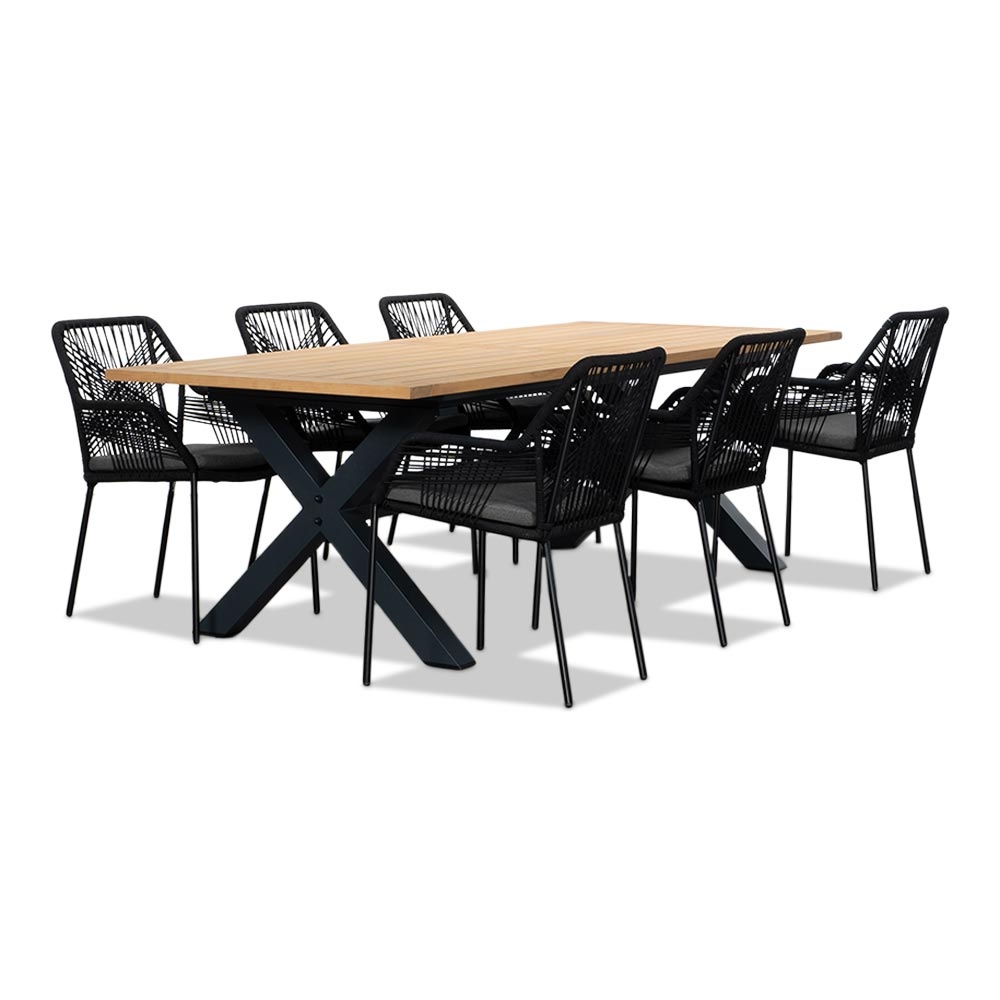 Lucan/Seville zwart dining tuinset | 6 personen | teakhout + touw | 240cm