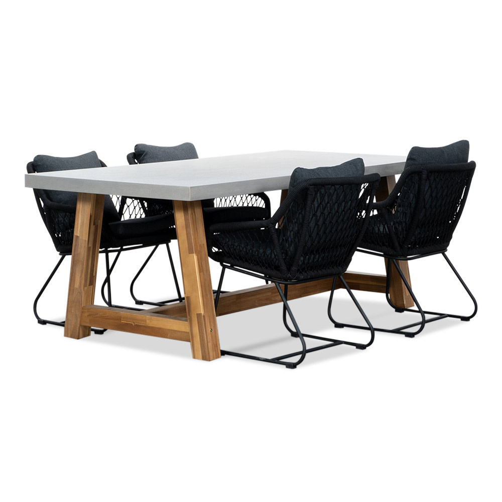 Veltis/Portofino zwart dining tuinset | 4 personen | betonlook + touw | 200cm