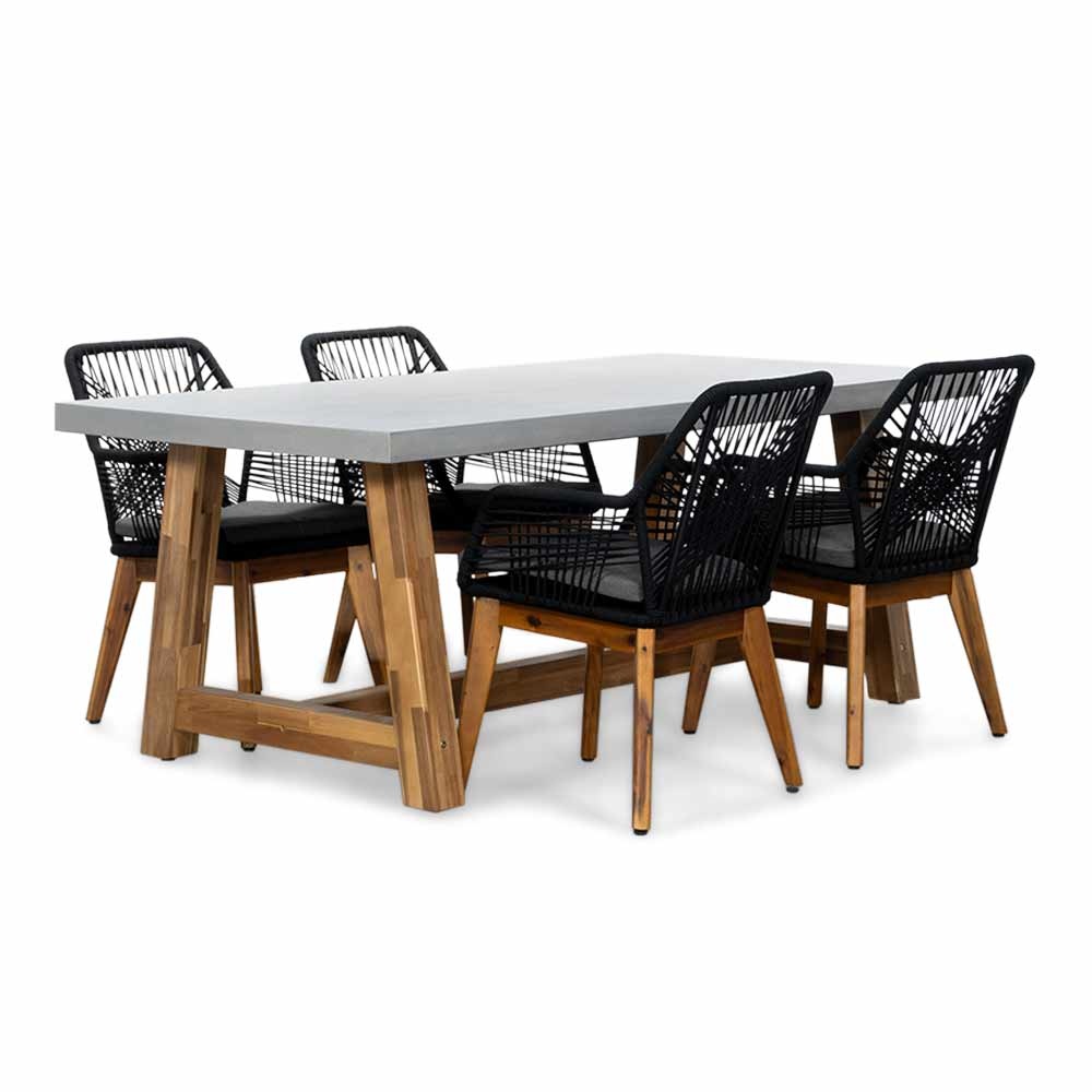 Veltis/Seville zwart hout dining tuinset | 4 personen | betonlook + touw | 200cm
