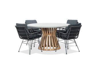 Elzas/Carlos Charcoal dining tuinset | 4 personen | betonlook + hardhout | 135cm rond