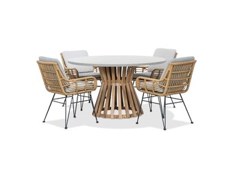 Elzas/Carlos taupe dining tuinset | 4 personen | betonlook + hardhout | 135cm rond