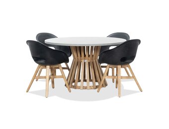 Elzas/Karlstad zwart dining tuinset | 4 personen | betonlook + hardhout | 135cm rond