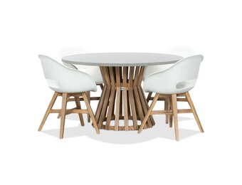 Elzas/Karlstad wit dining tuinset | 4 personen | betonlook + hardhout | 135cm rond