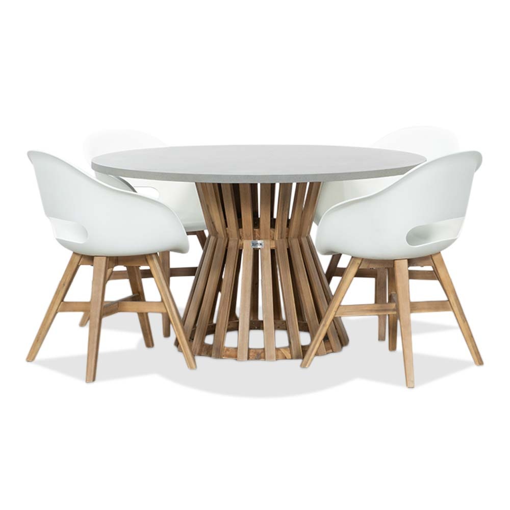 Elzas/Karlstad wit dining tuinset | 4 personen | betonlook + hardhout | 135cm rond