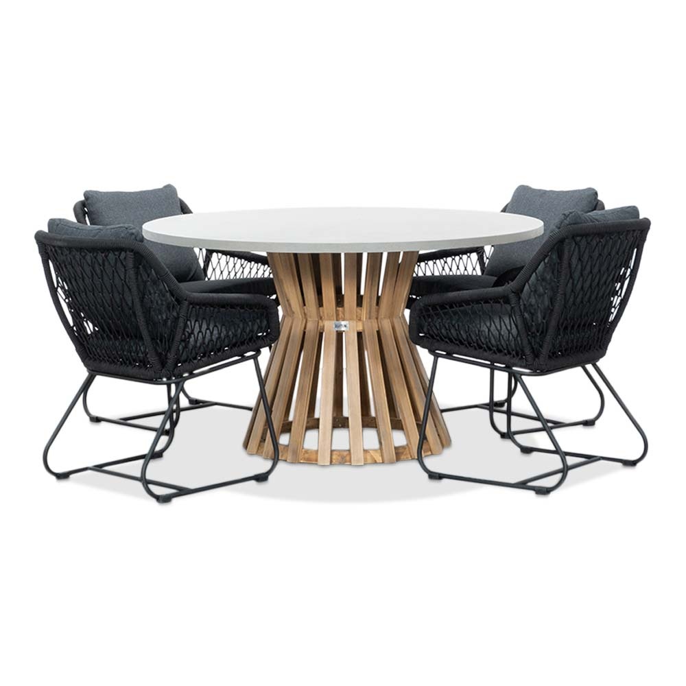 Elzas/Portofino zwart dining tuinset | 4 personen | betonlook + touw | 135cm rond