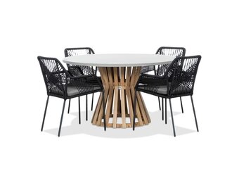 Elzas/Seville zwart dining tuinset | 4 personen | betonlook + touw | 135cm rond