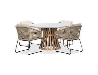 Elzas/Tulum Sahara Dust dining tuinset | 4 personen | betonlook + touw | 135cm rond