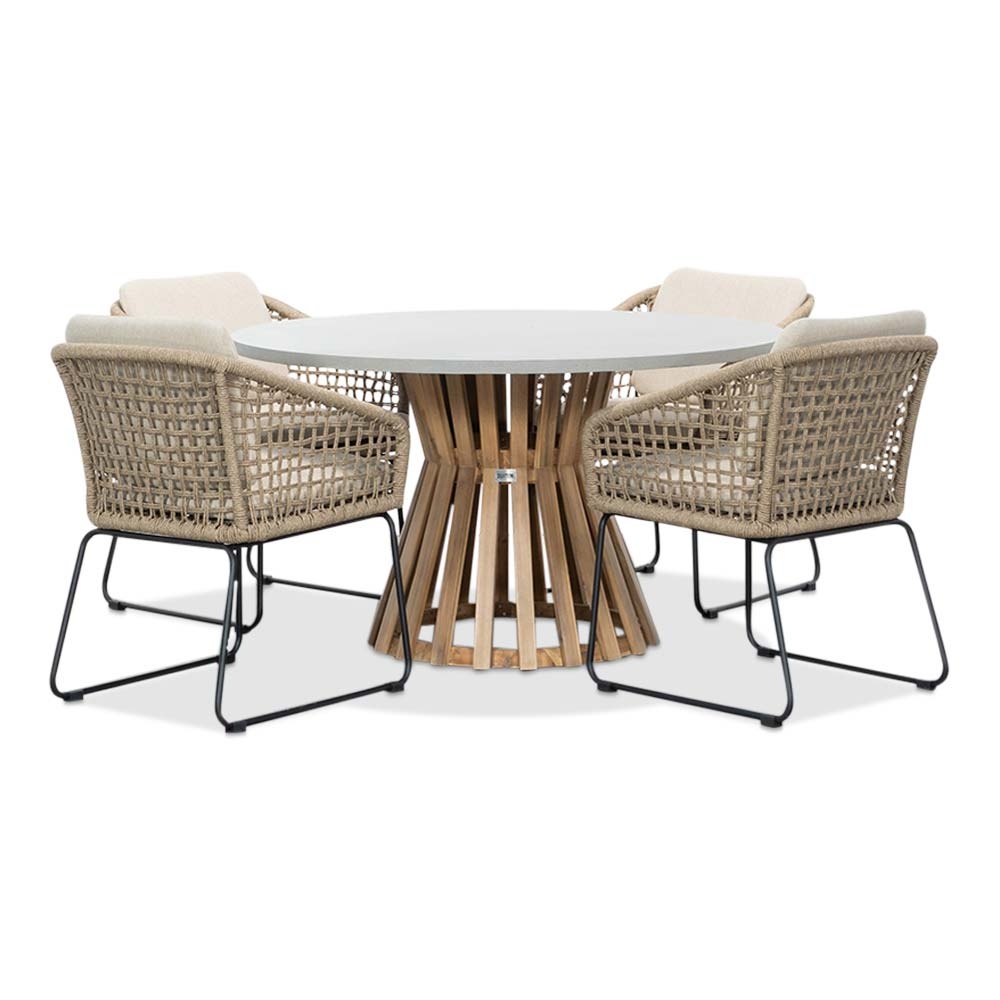 Elzas/Tulum Sahara Dust dining tuinset | 4 personen | betonlook + touw | 135cm rond