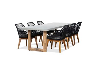 Lausanne/Seville hout zwart dining tuinset | 6 personen | betonlook + touw | 250cm
