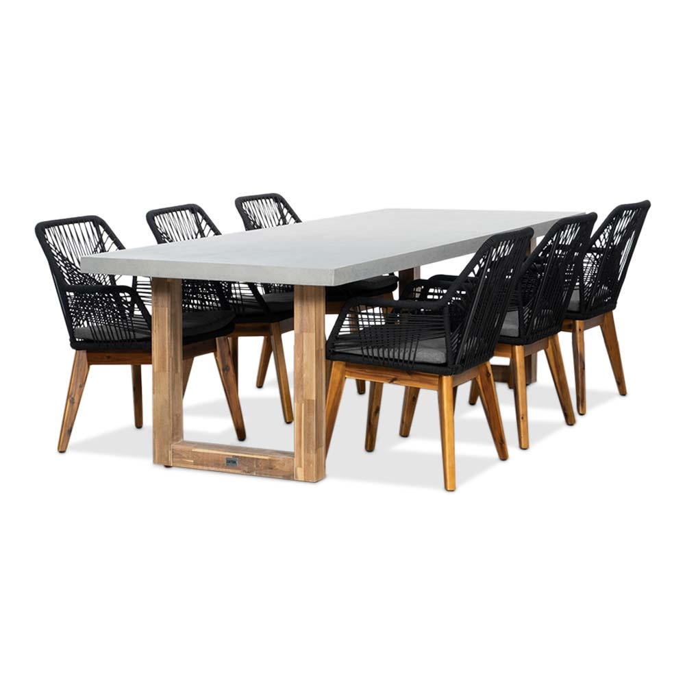 Lausanne/Seville hout zwart dining tuinset | 6 personen | betonlook + touw | 250cm