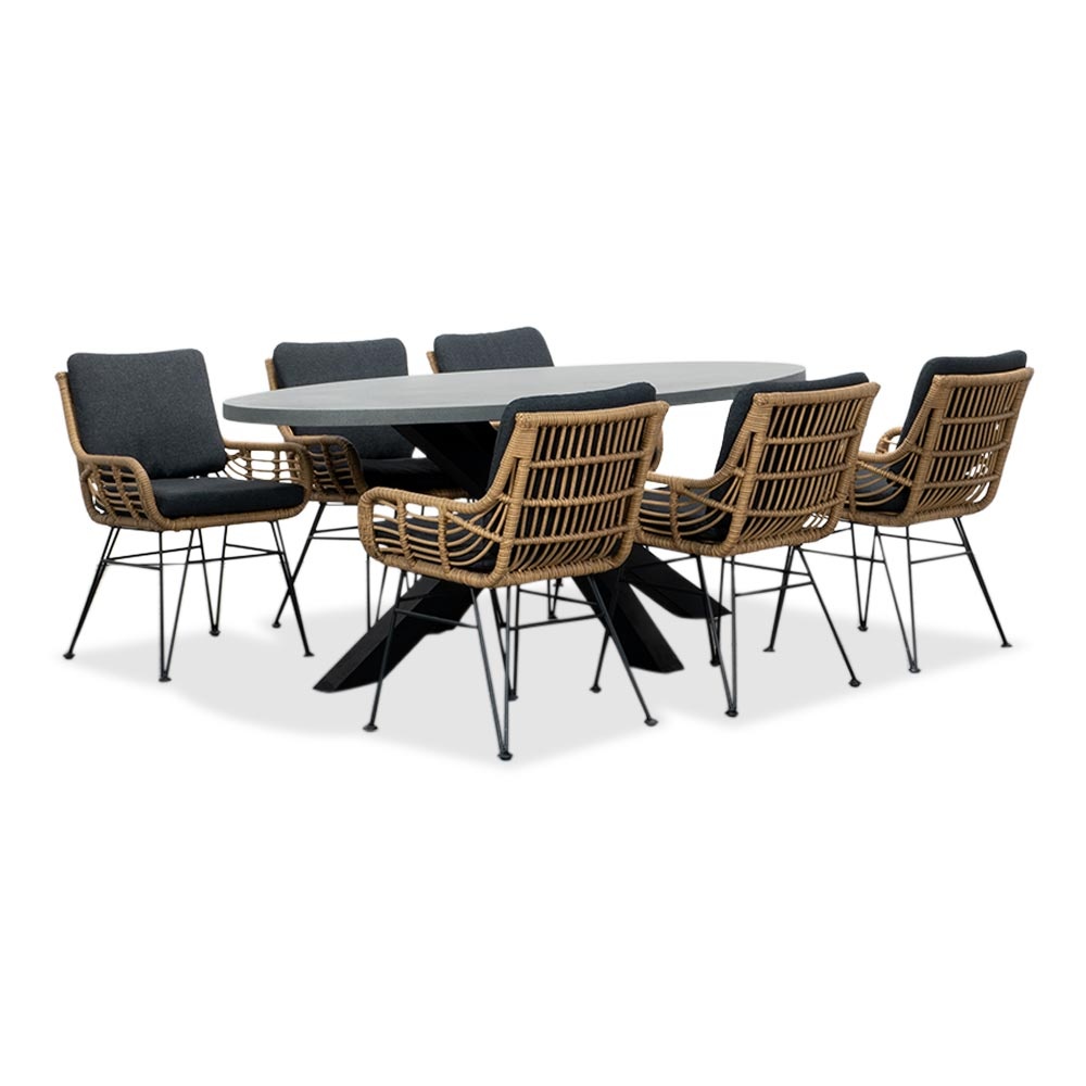 Stockholm/Carlos antraciet dining tuinset | 6 personen | betonlook + wicker | 200cm ovaal afbeelding