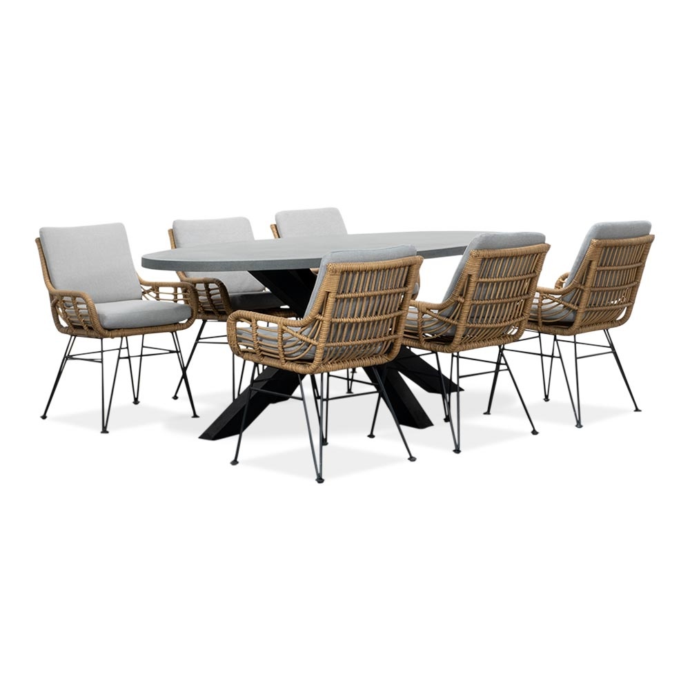 Stockholm/Carlos taupe dining tuinset | 6 personen | betonlook + wicker | 200cm ovaal