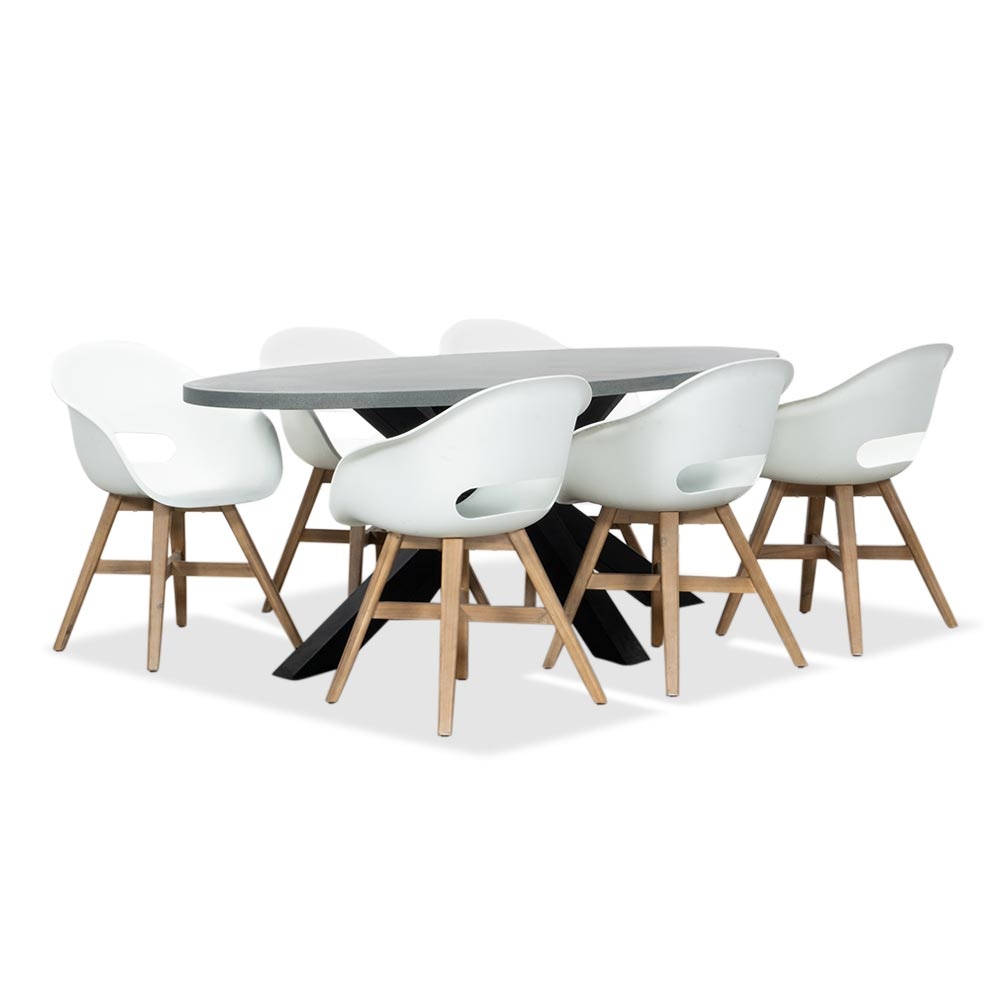 Stockholm/Karlstad wit dining tuinset | 6 personen | betonlook + kunststof | 200cm ovaal afbeelding