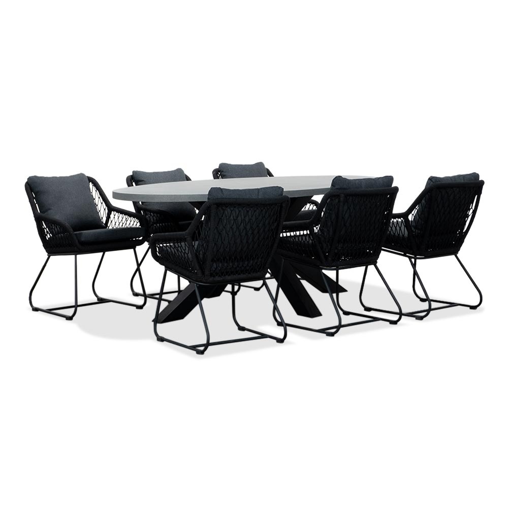 Stockholm/Portofino zwart dining tuinset | 6 personen | betonlook + touw | 200cm ovaal afbeelding