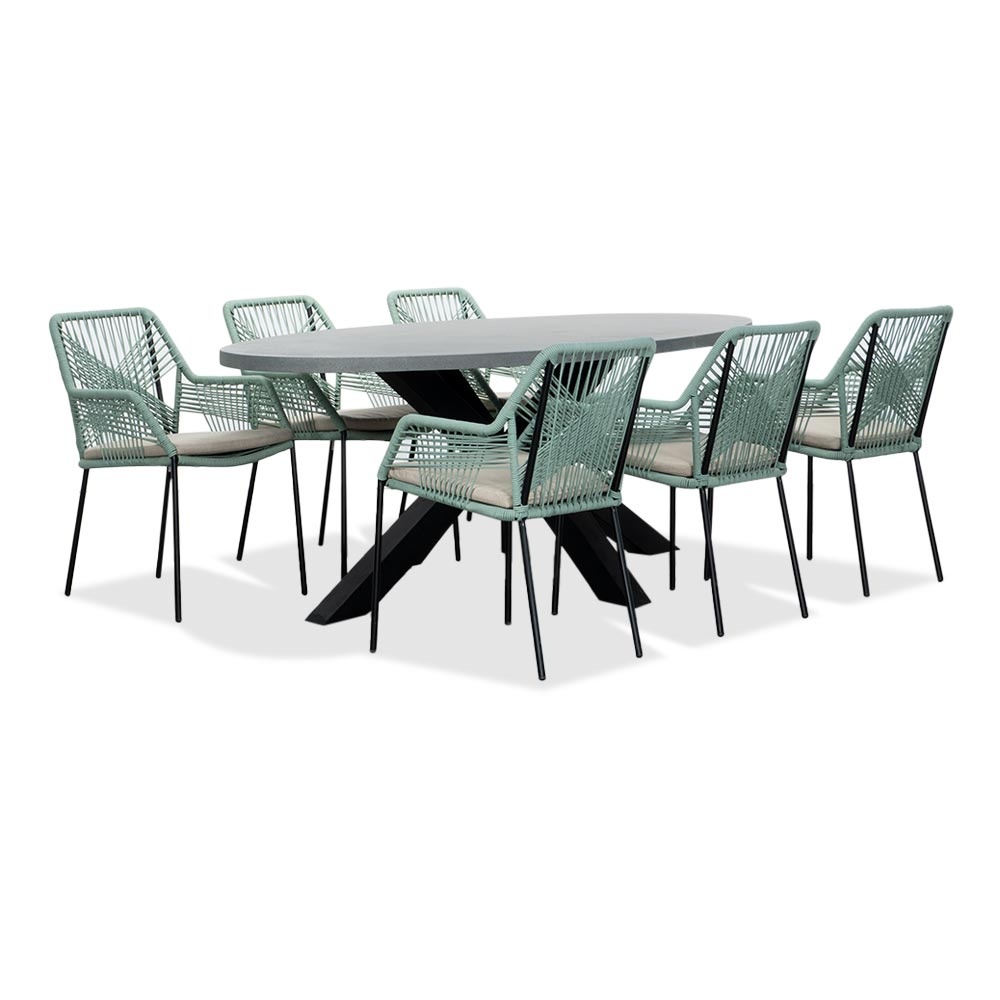 Stockholm/Seville mint dining tuinset | 6 personen | betonlook + touw | 200cm ovaal afbeelding