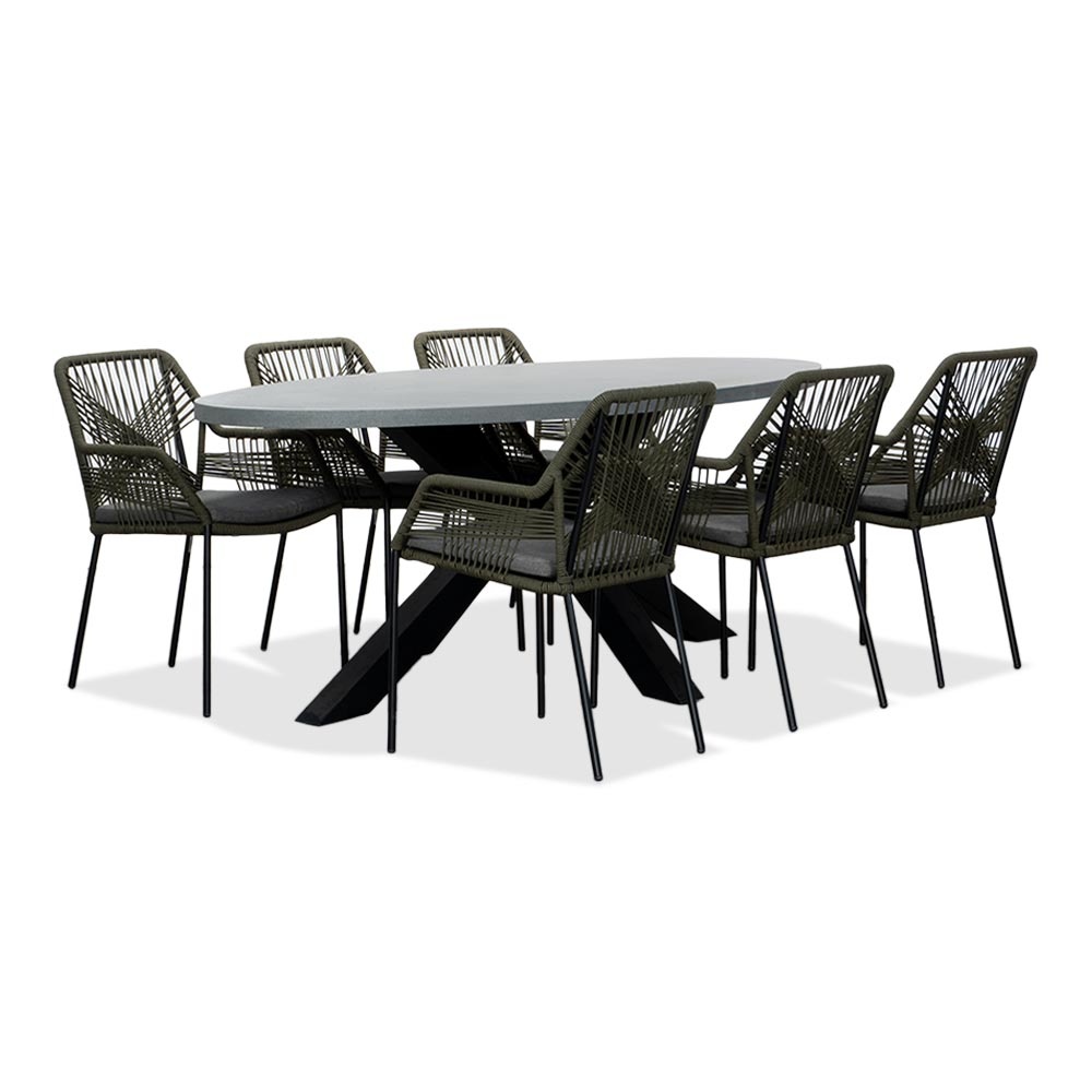 Stockholm/Seville olijfgroen dining tuinset | 6 personen | betonlook + touw | 200cm ovaal