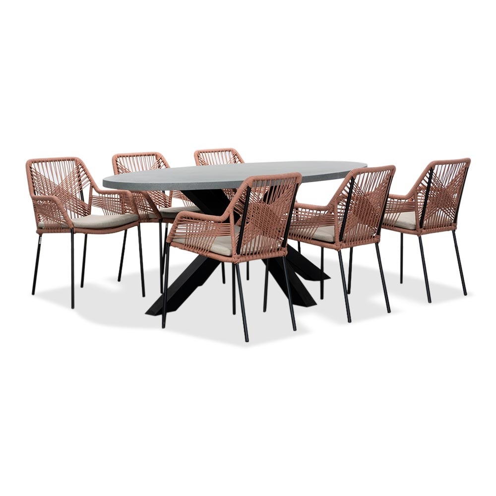 Stockholm/Seville terra dining tuinset | 6 personen | betonlook + touw | 200cm ovaal